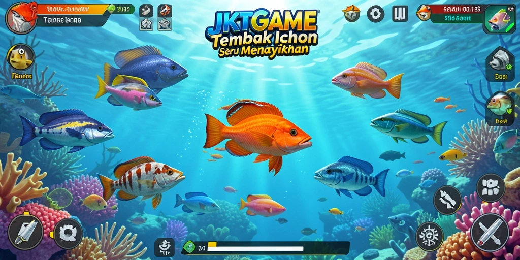 Screenshot utama JKTGAME saat menangkap ikan dengan senjata.
