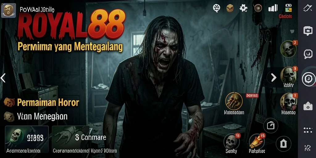 Screenshot gameplay ROYAL88 menampilkan momen menegangkan saat menjelajahi rumah berhantu.